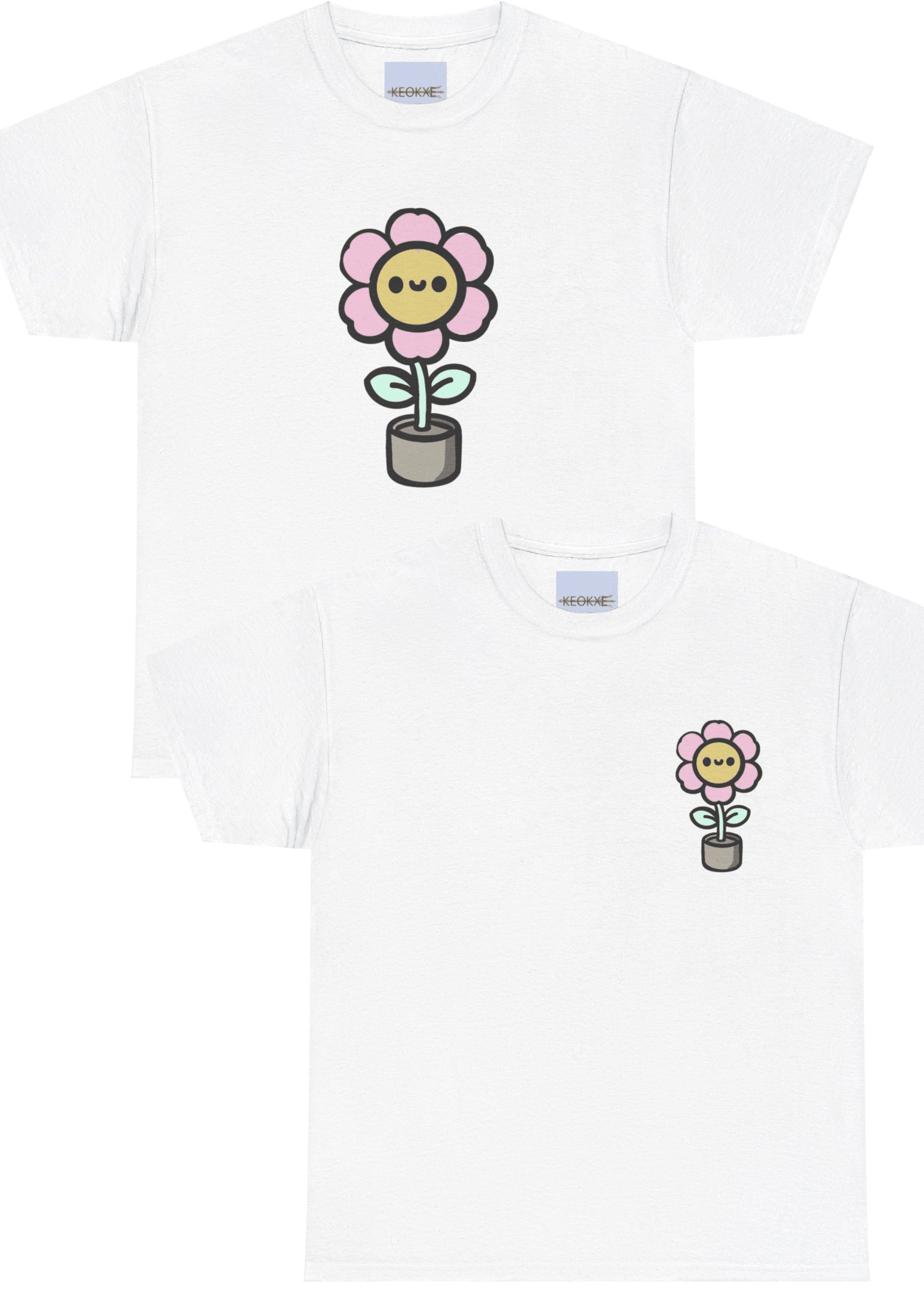 White T-shirt with a simple and cute cartoon flower design, featuring a pink flower with a happy face on a green stem. A playful and minimalistic design for nature lovers or fans of cute illustrations."