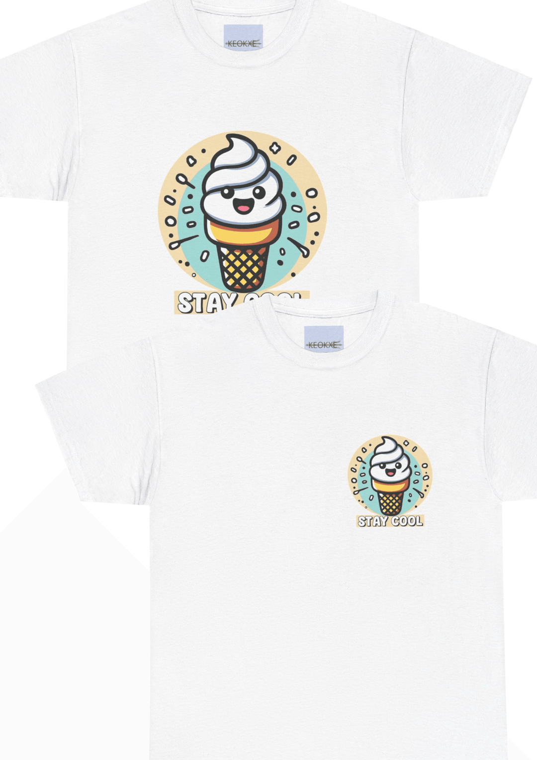 White T-shirt featuring a cute, smiling ice cream cone with the phrase 'Stay Cool.' A cheerful and summer-themed design perfect for anyone who loves ice cream and light-hearted fashion
