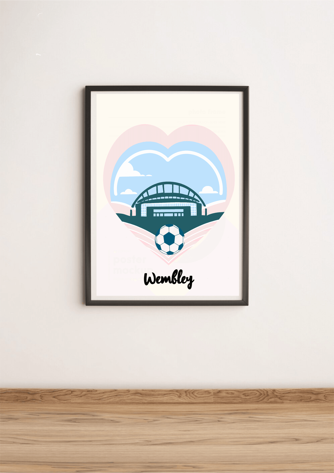 Add a touch of charm to your space with "The Wembley Essence" - an eye-catching Minimalist Football Print that's sure to capture hearts! This beautifully designed print rests gracefully on a wooden floor against a crisp white wall. It features the iconic Wembley Stadium nestled inside a vibrant blue heart outlined in playful pink, complete with a soccer ball poised perfectly at the tip. The word "Wembley" stands proudly beneath, perfectly encapsulating its spirit. Let this timeless piece bring elegance and 