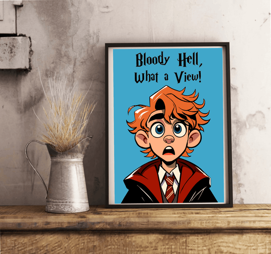 Introducing the "Bloody Hell, What a View!" print – a delightful splash of whimsy that's sure to brighten any room! This charming piece showcases an adorable cartoon character with fiery red hair and wide, expressive eyes set against a calming blue backdrop. Decked out in a stylish red and black cloak paired with a snazzy striped tie, this character is ready to capture your imagination. The bold text exclaiming "Bloody Hell, What a View!" adds an extra touch of magic to the scene. Framed beautifully in clas