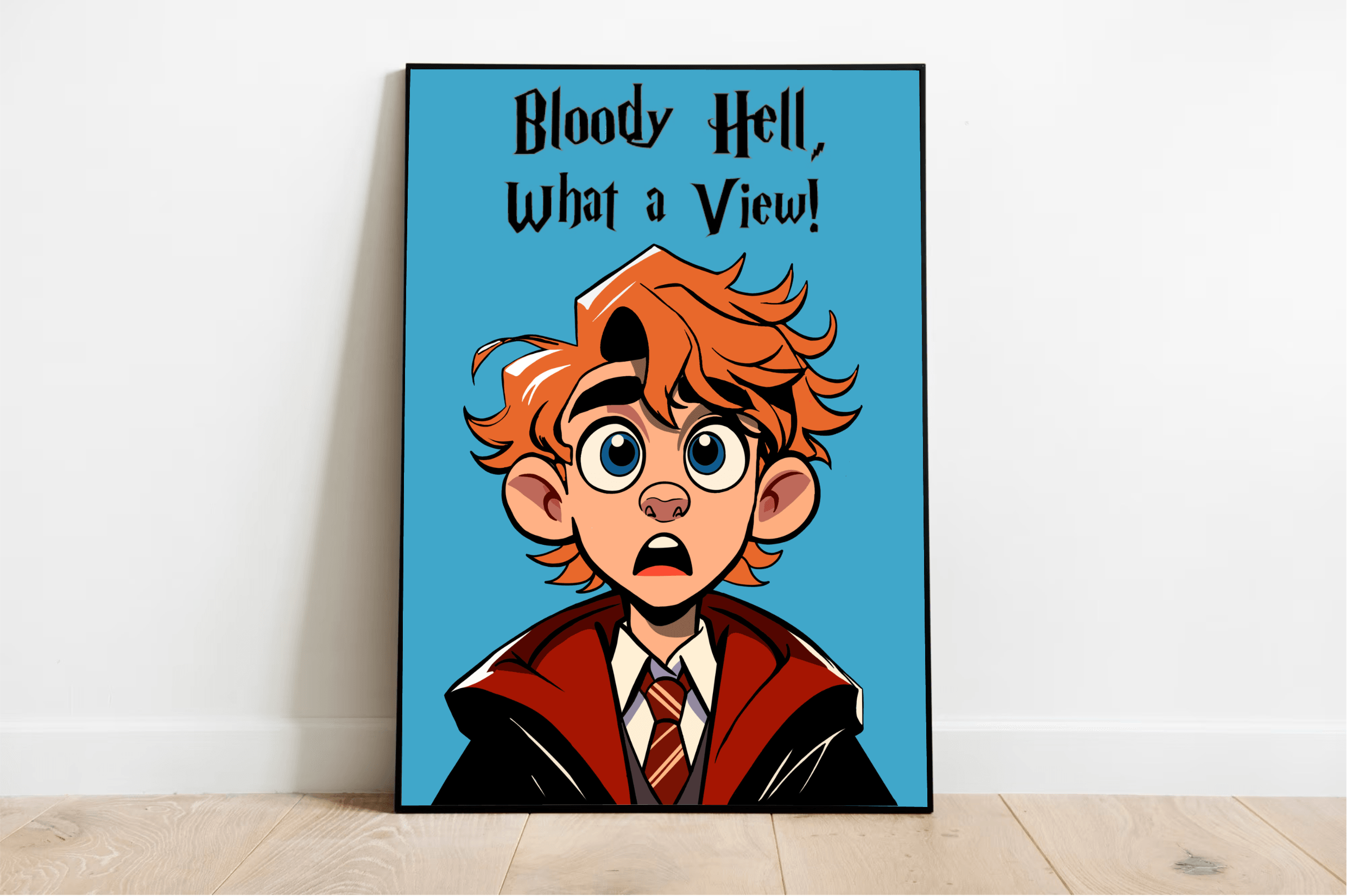 Introducing the "Bloody Hell, What a View!" print – a delightful splash of whimsy that's sure to brighten any room! This charming piece showcases an adorable cartoon character with fiery red hair and wide, expressive eyes set against a calming blue backdrop. Decked out in a stylish red and black cloak paired with a snazzy striped tie, this character is ready to capture your imagination. The bold text exclaiming "Bloody Hell, What a View!" adds an extra touch of magic to the scene. Framed beautifully in clas