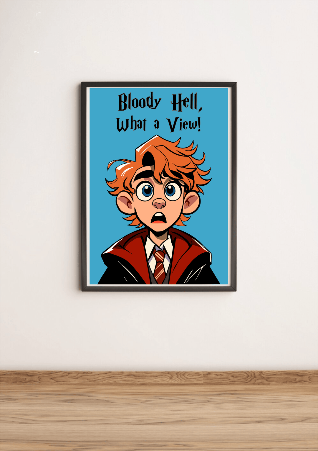 Introducing the "Bloody Hell, What a View!" print – a delightful splash of whimsy that's sure to brighten any room! This charming piece showcases an adorable cartoon character with fiery red hair and wide, expressive eyes set against a calming blue backdrop. Decked out in a stylish red and black cloak paired with a snazzy striped tie, this character is ready to capture your imagination. The bold text exclaiming "Bloody Hell, What a View!" adds an extra touch of magic to the scene. Framed beautifully in clas