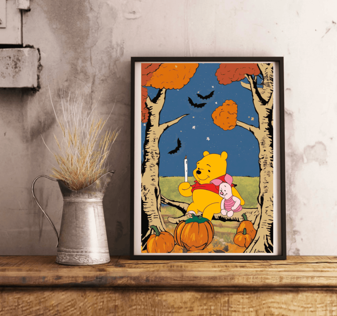 Adorable Halloween-themed poster featuring Winnie the Pooh sitting among pumpkins, perfect for fans of the classic bear and spooky season decor. A playful addition to any room - Baby Keo