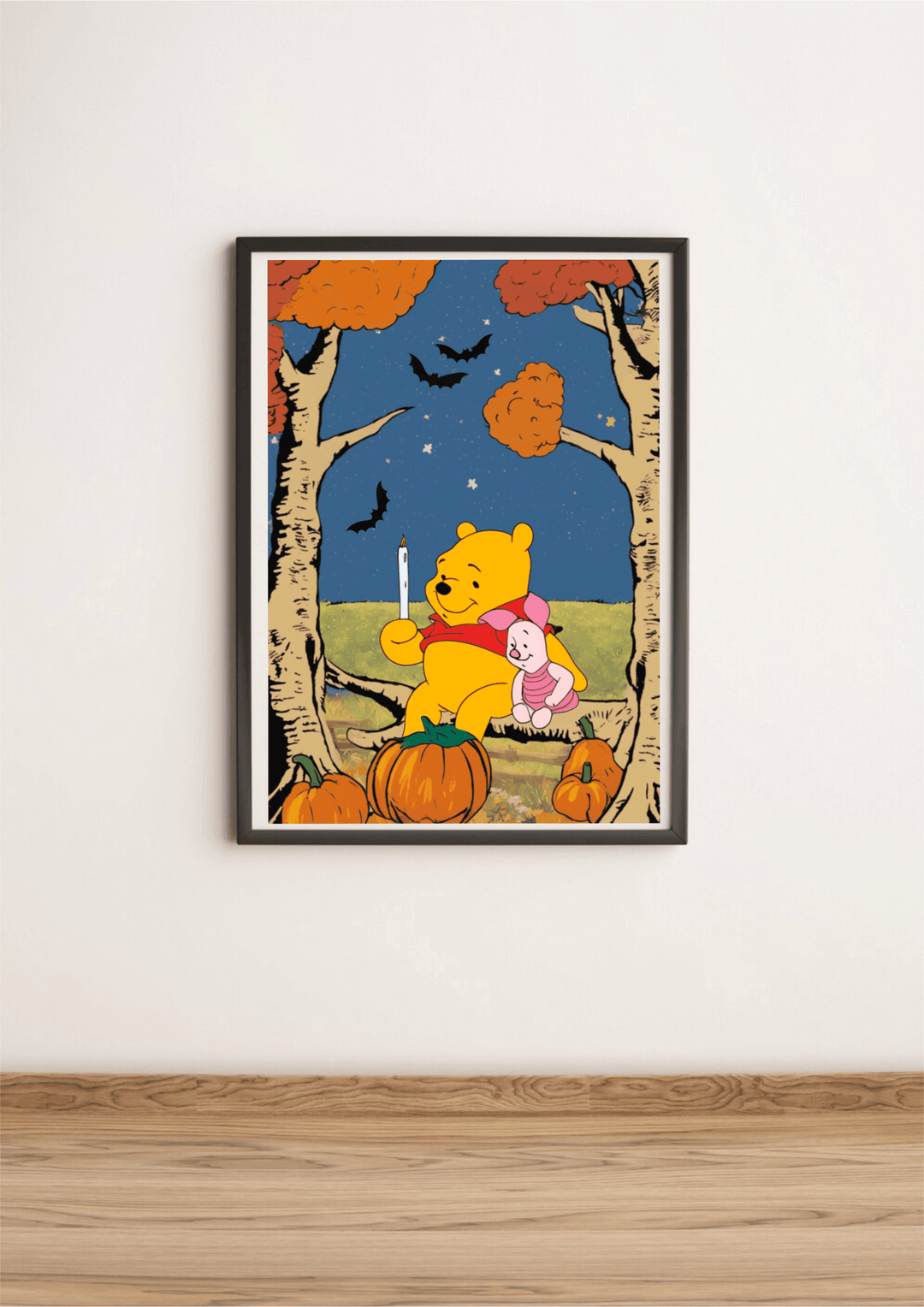 Adorable Halloween-themed poster featuring Winnie the Pooh sitting among pumpkins, perfect for fans of the classic bear and spooky season decor. A playful addition to any room - Baby Keo