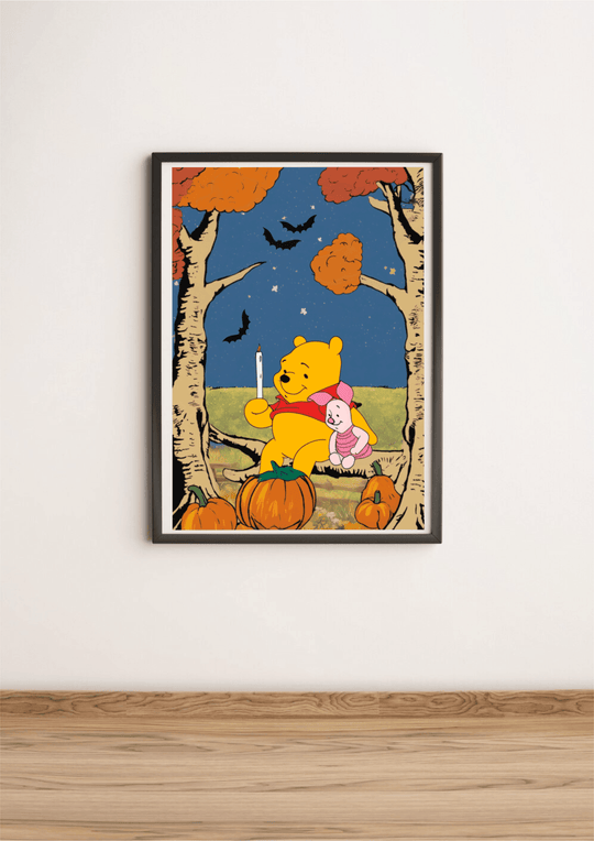 Adorable Halloween-themed poster featuring Winnie the Pooh sitting among pumpkins, perfect for fans of the classic bear and spooky season decor. A playful addition to any room - Baby Keo