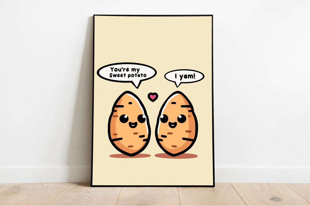 Introducing the adorable "You're My Sweet Potato Print"! This charming piece of art features two delightful cartoon sweet potatoes, each sporting a big smile as they lean against a crisp white wall. The playful dialogue between these spud buddies will warm your heart: one sweet potato says, "You're my sweet potato," while the other cheekily replies, "I yam!" To top it all off, a tiny pink heart floats between them on a soft beige background. Perfect for adding some whimsy to any space!