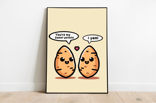 Introducing the adorable "You're My Sweet Potato Print"! This charming piece of art features two delightful cartoon sweet potatoes, each sporting a big smile as they lean against a crisp white wall. The playful dialogue between these spud buddies will warm your heart: one sweet potato says, "You're my sweet potato," while the other cheekily replies, "I yam!" To top it all off, a tiny pink heart floats between them on a soft beige background. Perfect for adding some whimsy to any space!