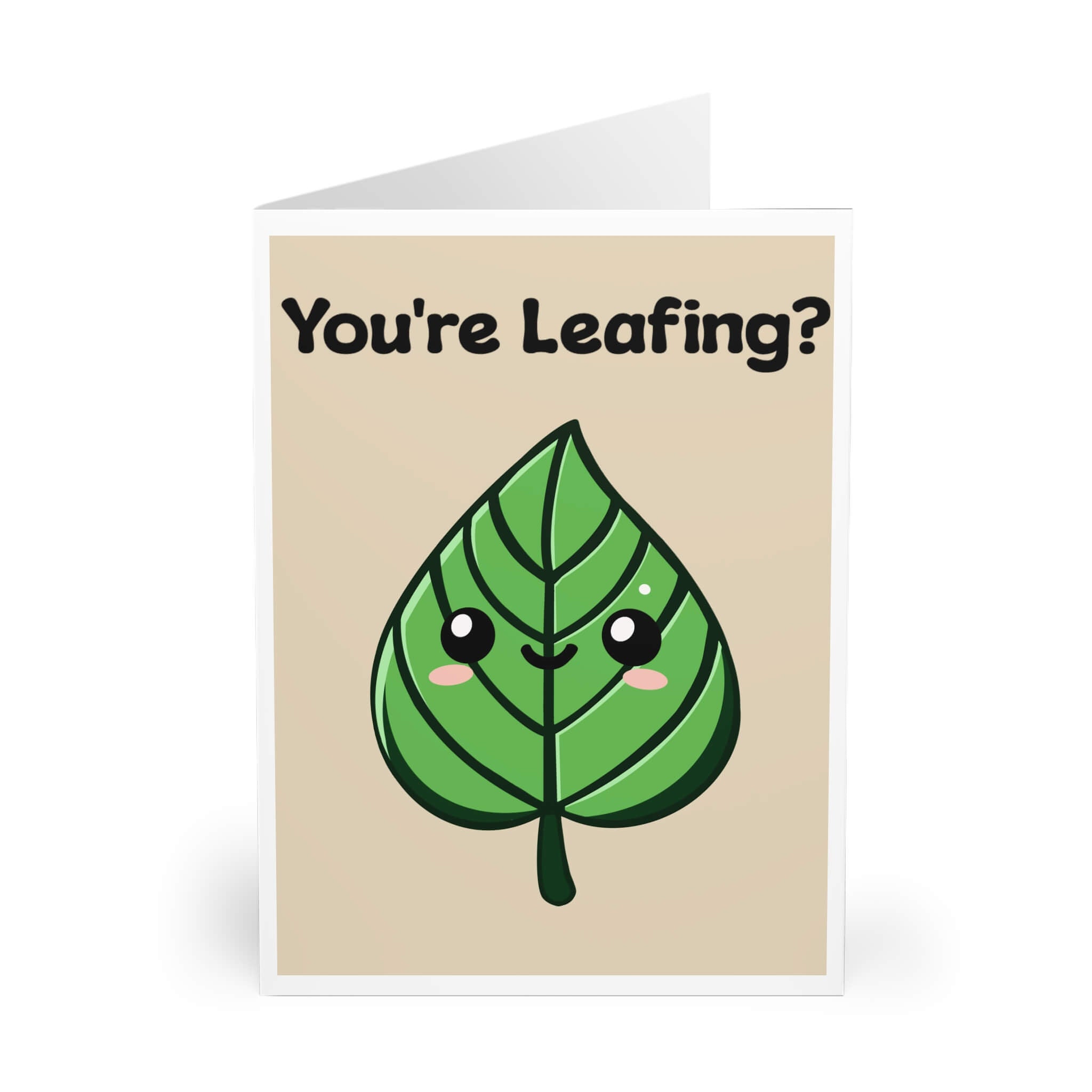 Playful "You're Leafing?" card with a cute smiling leaf design, perfect for sending a funny message to someone leaving. Available in multiple sizes.