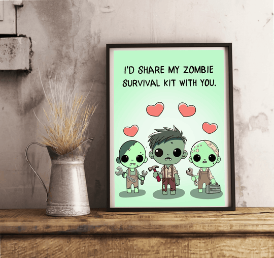 Unique Cartoon Zombie Art Print - 'I'd Share My Zombie Survival Kit with You - Baby Keo