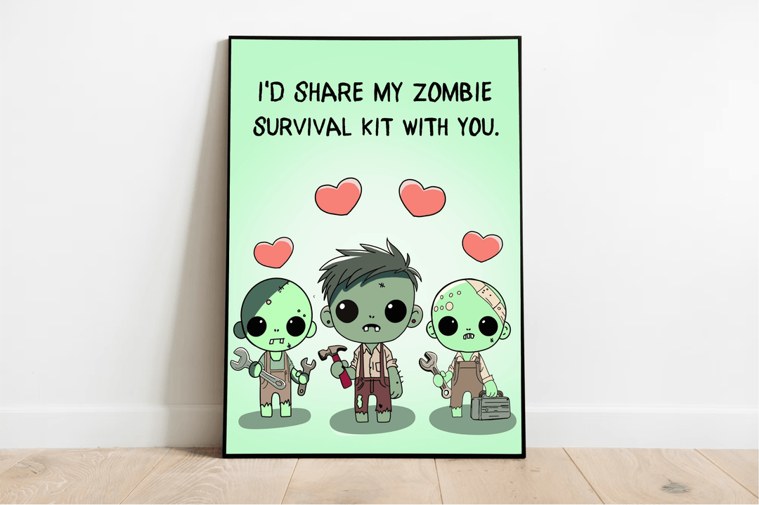 Introducing the charming and whimsical "I'd Share My Zombie Survival Kit with You" cartoon zombie art print! This delightful piece features three cute zombies armed with quirky tools, sprinkled with hearts. The playful backdrop of light green makes it pop, while the elegant frame adds a touch of sophistication. Perfectly posed leaning on a wooden floor against a crisp white wall, this high-quality print is sure to bring a smile to any room!