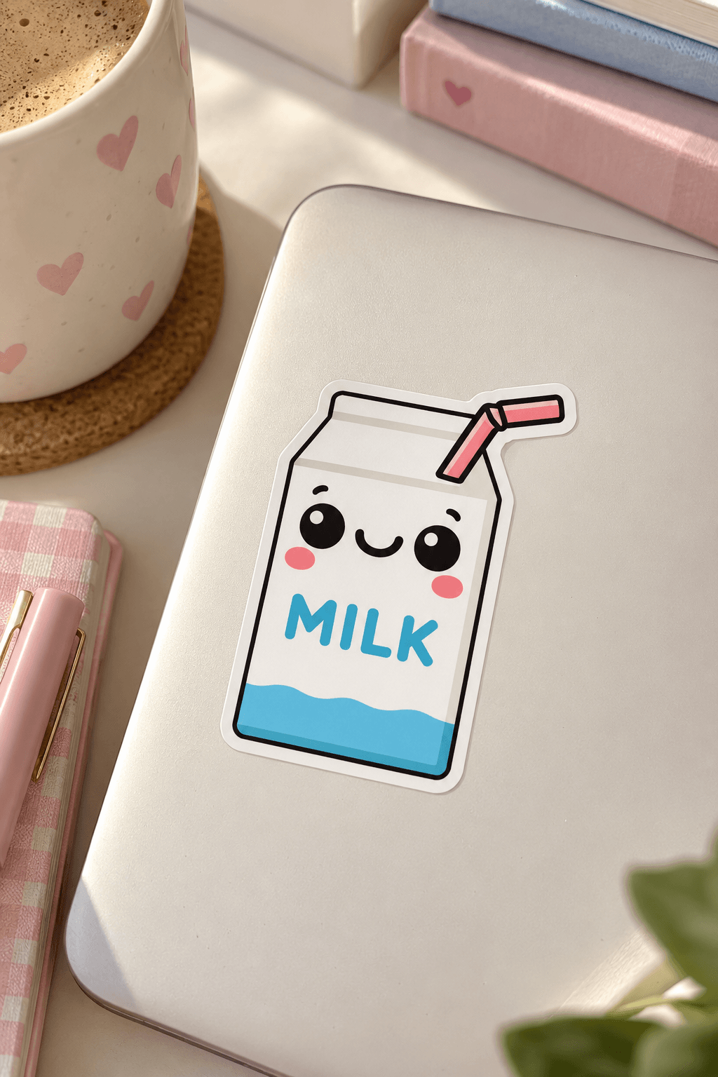 A cute die-cut sticker of a smiling milk carton with a pink straw and the word &