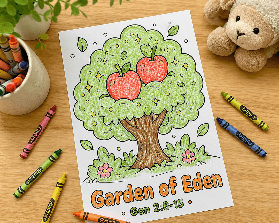 Kingdom Kawaii Genesis colouring book printable featuring 21 cute Bible colouring pages for children inspired by the Book of Genesis.
