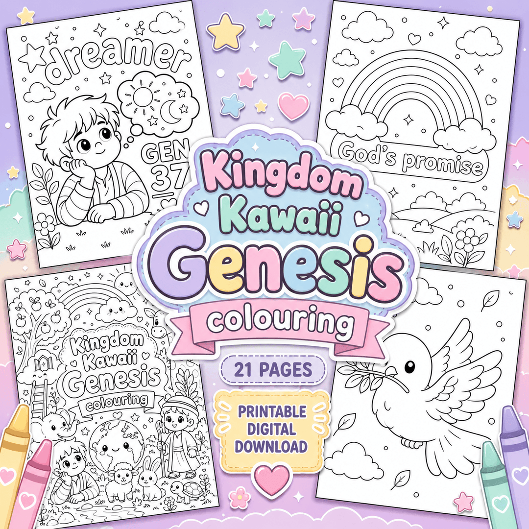 Kingdom Kawaii Genesis colouring book printable featuring 21 cute Bible colouring pages for children inspired by the Book of Genesis.