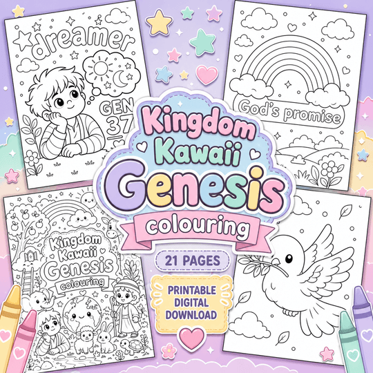Kingdom Kawaii Genesis colouring book printable featuring 21 cute Bible colouring pages for children inspired by the Book of Genesis.