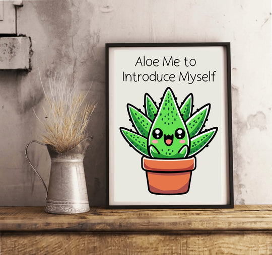 Introducing the "Aloe Me to Introduce Myself" Print, where cuteness meets charm! This delightful artwork showcases a cheerful cartoon aloe plant beaming from within its cozy little brown pot. Just above this happy plant friend, you'll find the playful pun, "Aloe Me to Introduce Myself," which is sure to bring a smile to your face. With its vibrant green leaves speckled with character and set against a crisp white wall and warm wooden floor backdrop, this print makes for an inviting scene that subtly whisper