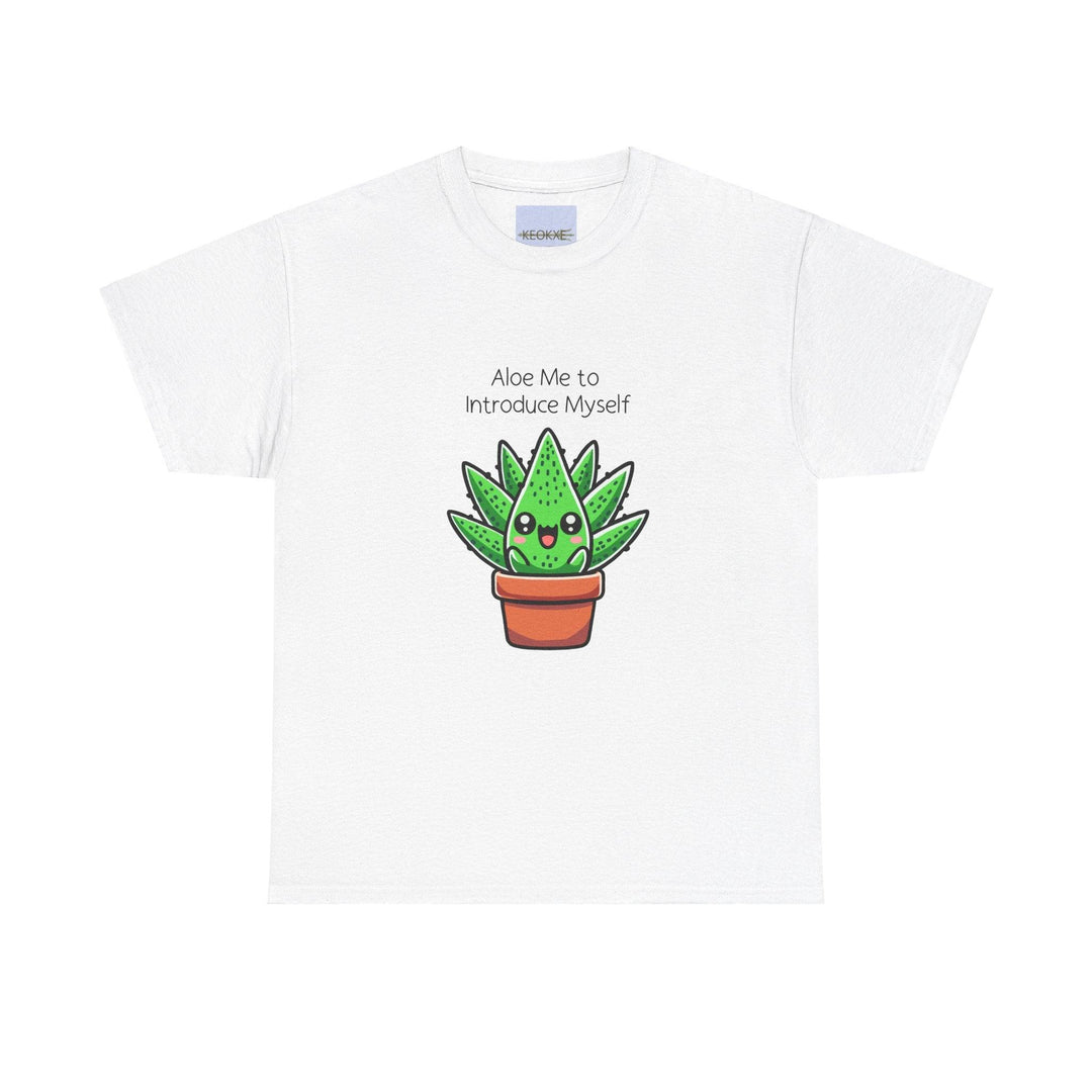 White T-shirt featuring a cute cartoon aloe vera plant in a pot, paired with the pun 'Aloe Me to Introduce Myself.' A fun and quirky design for plant lovers and pun enthusiasts."