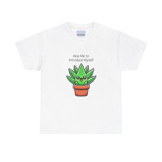 White T-shirt featuring a cute cartoon aloe vera plant in a pot, paired with the pun 'Aloe Me to Introduce Myself.' A fun and quirky design for plant lovers and pun enthusiasts."