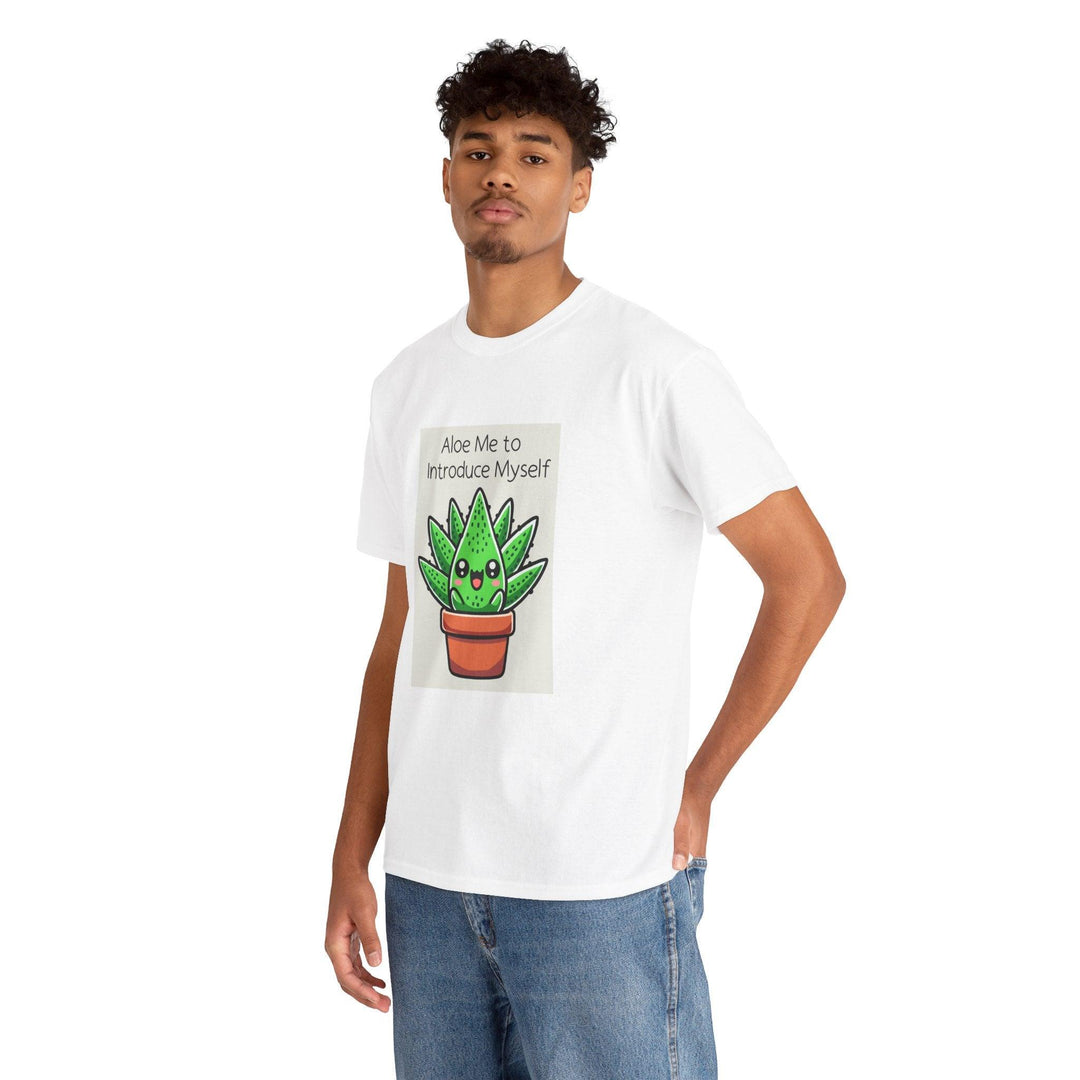 White T-shirt featuring a cute cartoon aloe vera plant in a pot, paired with the pun 'Aloe Me to Introduce Myself.' A fun and quirky design for plant lovers and pun enthusiasts."