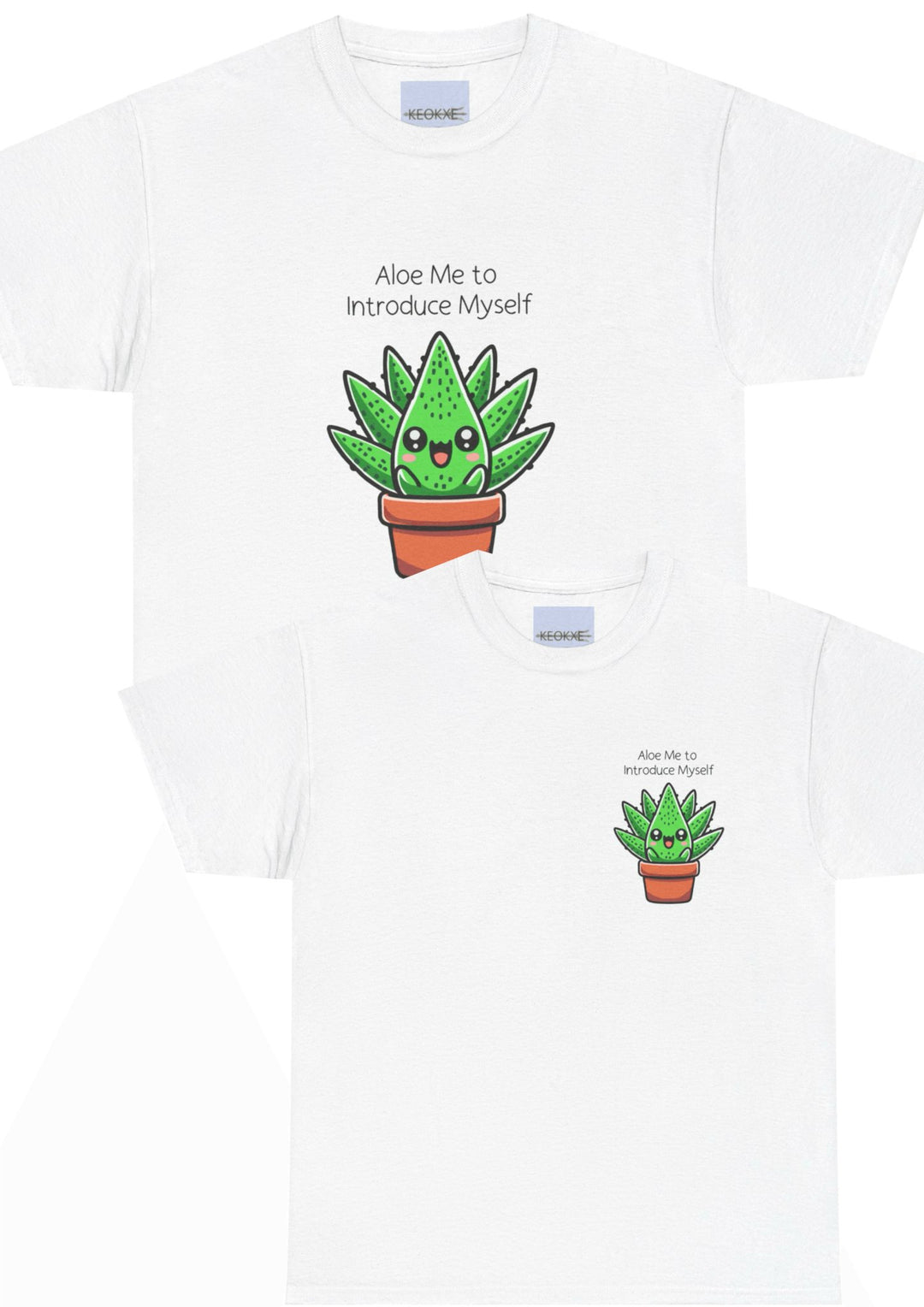 White T-shirt featuring a cute cartoon aloe vera plant in a pot, paired with the pun 'Aloe Me to Introduce Myself.' A fun and quirky design for plant lovers and pun enthusiasts."