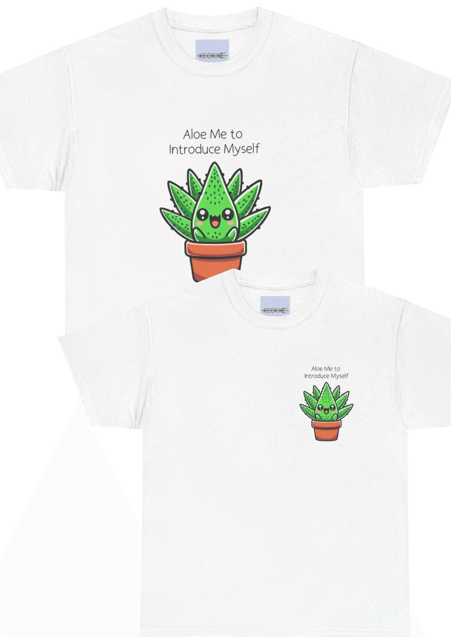 White T-shirt featuring a cute cartoon aloe vera plant in a pot, paired with the pun 'Aloe Me to Introduce Myself.' A fun and quirky design for plant lovers and pun enthusiasts."