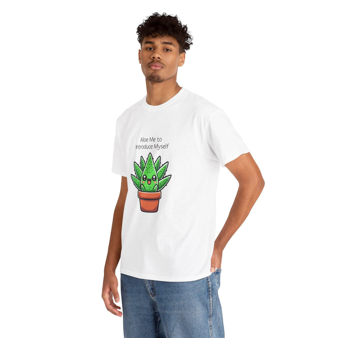 White T-shirt featuring a cute cartoon aloe vera plant in a pot, paired with the pun 'Aloe Me to Introduce Myself.' A fun and quirky design for plant lovers and pun enthusiasts."