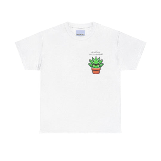 White T-shirt featuring a cute cartoon aloe vera plant in a pot, paired with the pun 'Aloe Me to Introduce Myself.' A fun and quirky design for plant lovers and pun enthusiasts."