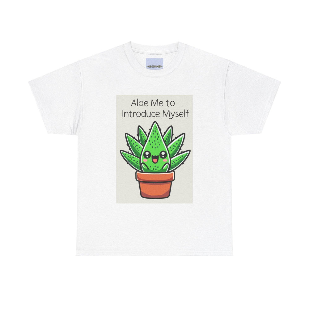 White T-shirt featuring a cute cartoon aloe vera plant in a pot, paired with the pun 'Aloe Me to Introduce Myself.' A fun and quirky design for plant lovers and pun enthusiasts."