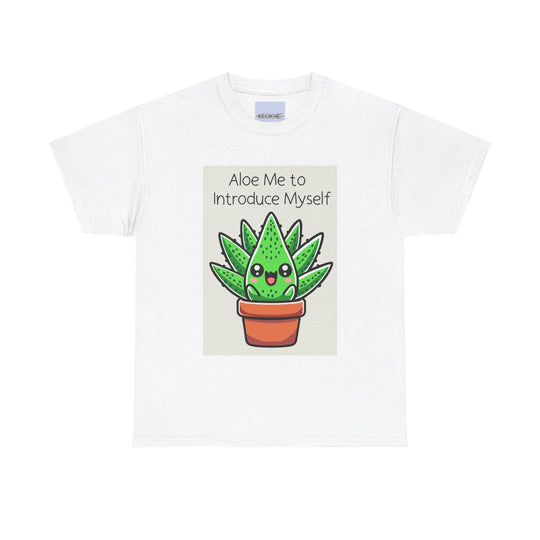 White T-shirt featuring a cute cartoon aloe vera plant in a pot, paired with the pun 'Aloe Me to Introduce Myself.' A fun and quirky design for plant lovers and pun enthusiasts."