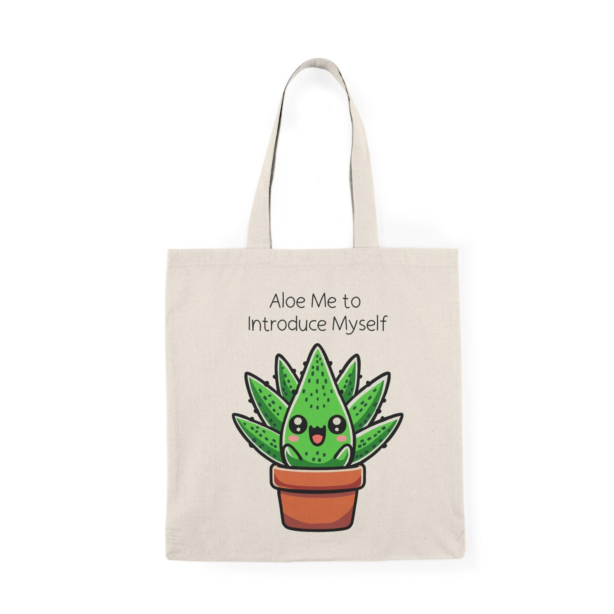 Art print featuring a charming illustration of a cute aloe plant with a friendly face, accompanied by the playful phrase 'Aloe Me to Introduce Myself.' The design combines vibrant greens and whimsical elements, creating a delightful and inviting piece that adds a touch of personality to any space.