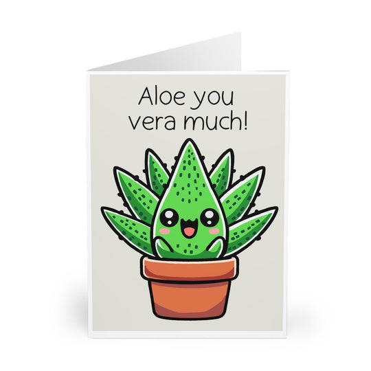 Cute greeting card featuring a smiling aloe vera plant with the pun &