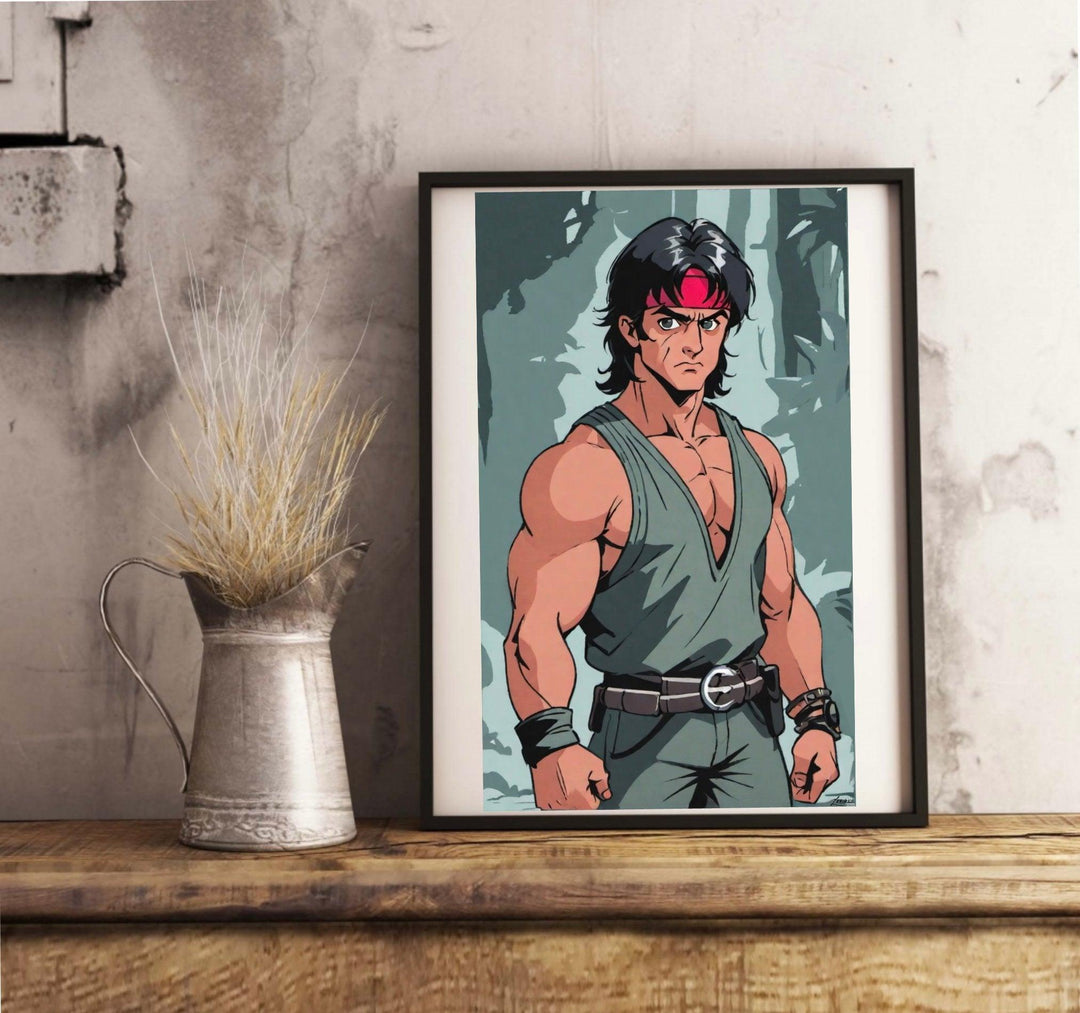 Dive into the World of Anime-Inspired Rambo Artwork: A Perfect Blend of Action and Art! Imagine a dynamic character with flowing, long black hair and an iconic red headband. This muscular hero rocks a green sleeveless vest and pants, cinched perfectly with a black belt featuring a striking silver buckle. The vibrant scene is set against an imaginative forest backdrop that exudes energy and excitement. Displayed on a crisp white wall, this framed poster is sure to catch every anime enthusiast’s eye!