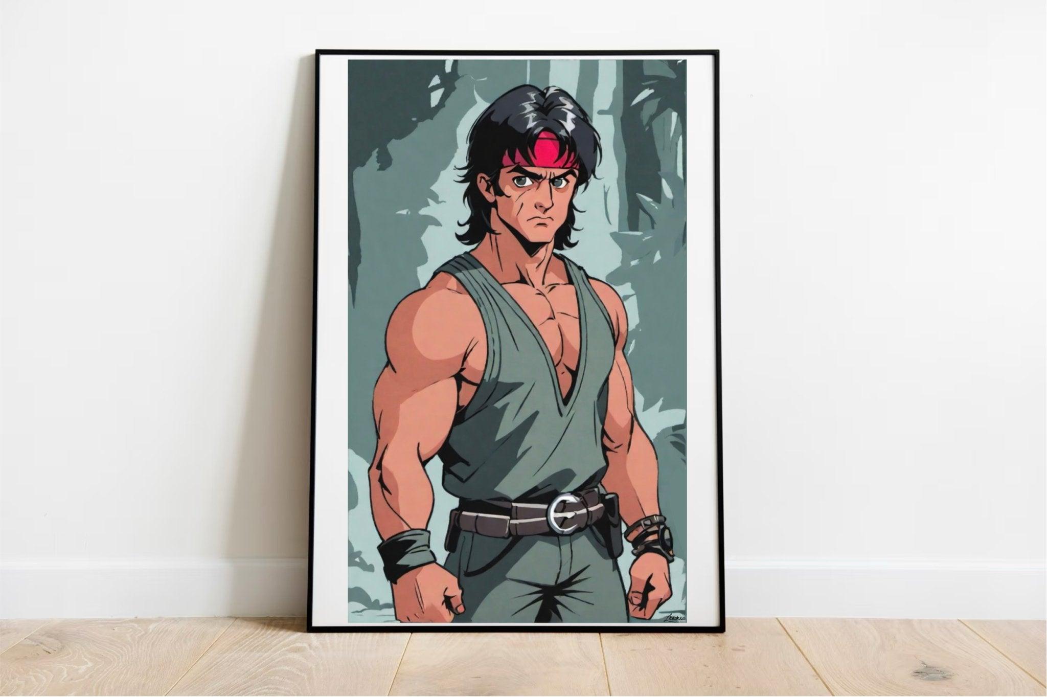 Dive into the World of Anime-Inspired Rambo Artwork: A Perfect Blend of Action and Art! Imagine a dynamic character with flowing, long black hair and an iconic red headband. This muscular hero rocks a green sleeveless vest and pants, cinched perfectly with a black belt featuring a striking silver buckle. The vibrant scene is set against an imaginative forest backdrop that exudes energy and excitement. Displayed on a crisp white wall, this framed poster is sure to catch every anime enthusiast’s eye!