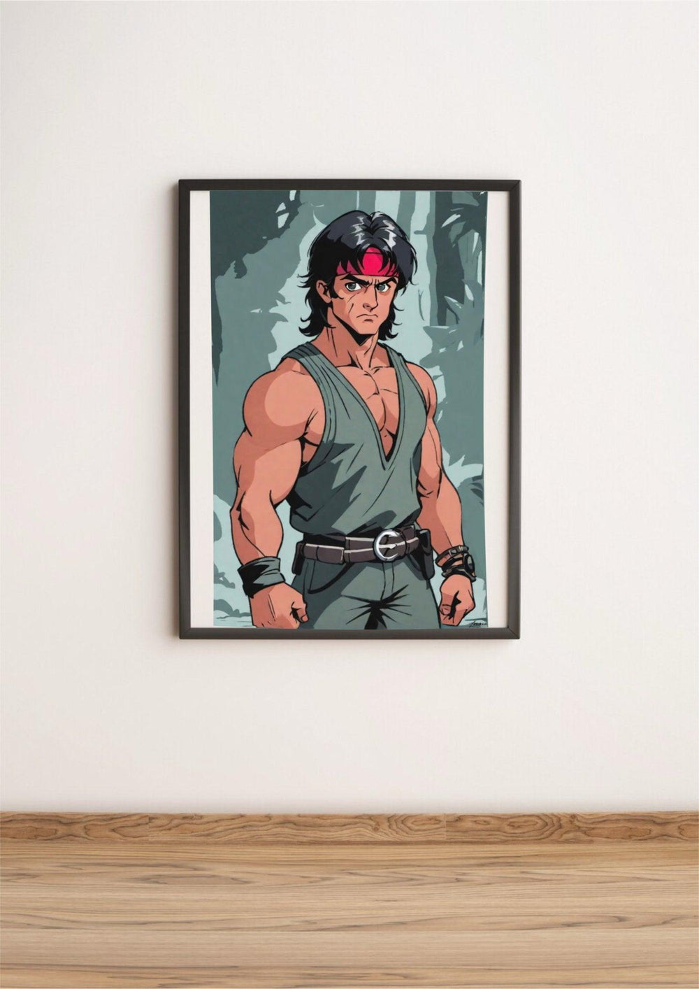 Dive into the World of Anime-Inspired Rambo Artwork: A Perfect Blend of Action and Art! Imagine a dynamic character with flowing, long black hair and an iconic red headband. This muscular hero rocks a green sleeveless vest and pants, cinched perfectly with a black belt featuring a striking silver buckle. The vibrant scene is set against an imaginative forest backdrop that exudes energy and excitement. Displayed on a crisp white wall, this framed poster is sure to catch every anime enthusiast’s eye!