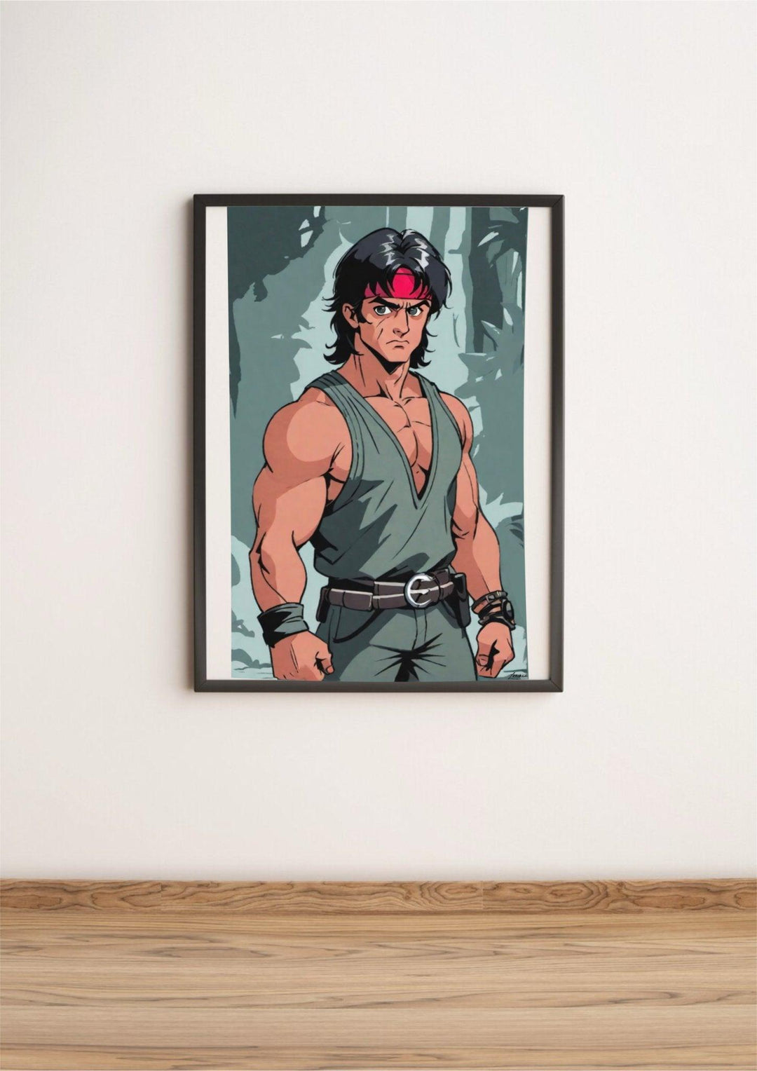 Dive into the World of Anime-Inspired Rambo Artwork: A Perfect Blend of Action and Art! Imagine a dynamic character with flowing, long black hair and an iconic red headband. This muscular hero rocks a green sleeveless vest and pants, cinched perfectly with a black belt featuring a striking silver buckle. The vibrant scene is set against an imaginative forest backdrop that exudes energy and excitement. Displayed on a crisp white wall, this framed poster is sure to catch every anime enthusiast’s eye!