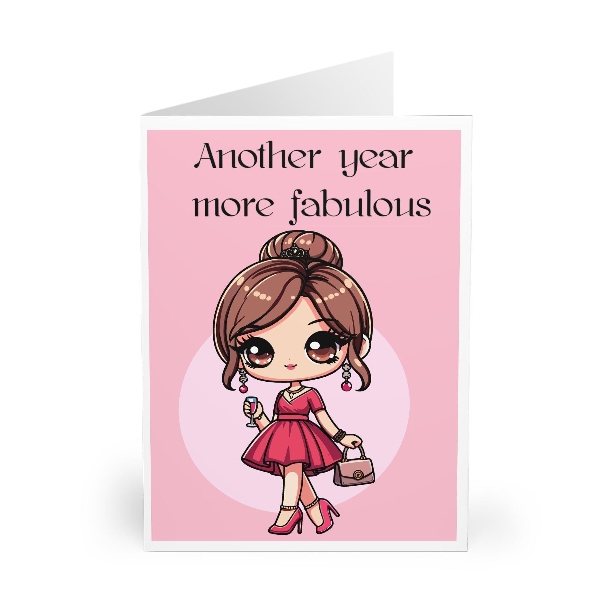 Stylish greeting card featuring a fashion-forward character with the phrase 'Another Year More Fabulous.' Perfect for celebrating birthdays in a chic and fabulous way - Baby Keo