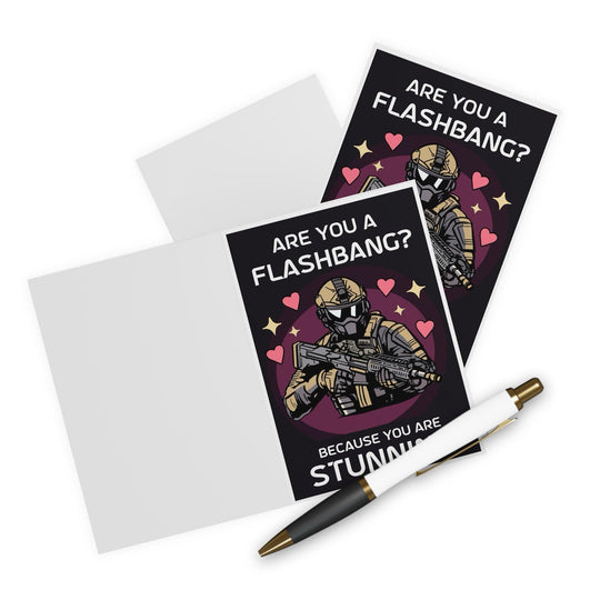 Humorous greeting card featuring a character in tactical gear with the pun 'Are You a Flashbang? Because You Are Stunning.' Ideal for fans of video games or military humor - Baby Keo