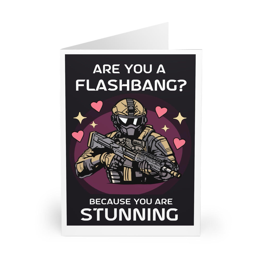 Humorous greeting card featuring a character in tactical gear with the pun 'Are You a Flashbang? Because You Are Stunning.' Ideal for fans of video games or military humor - Baby Keo