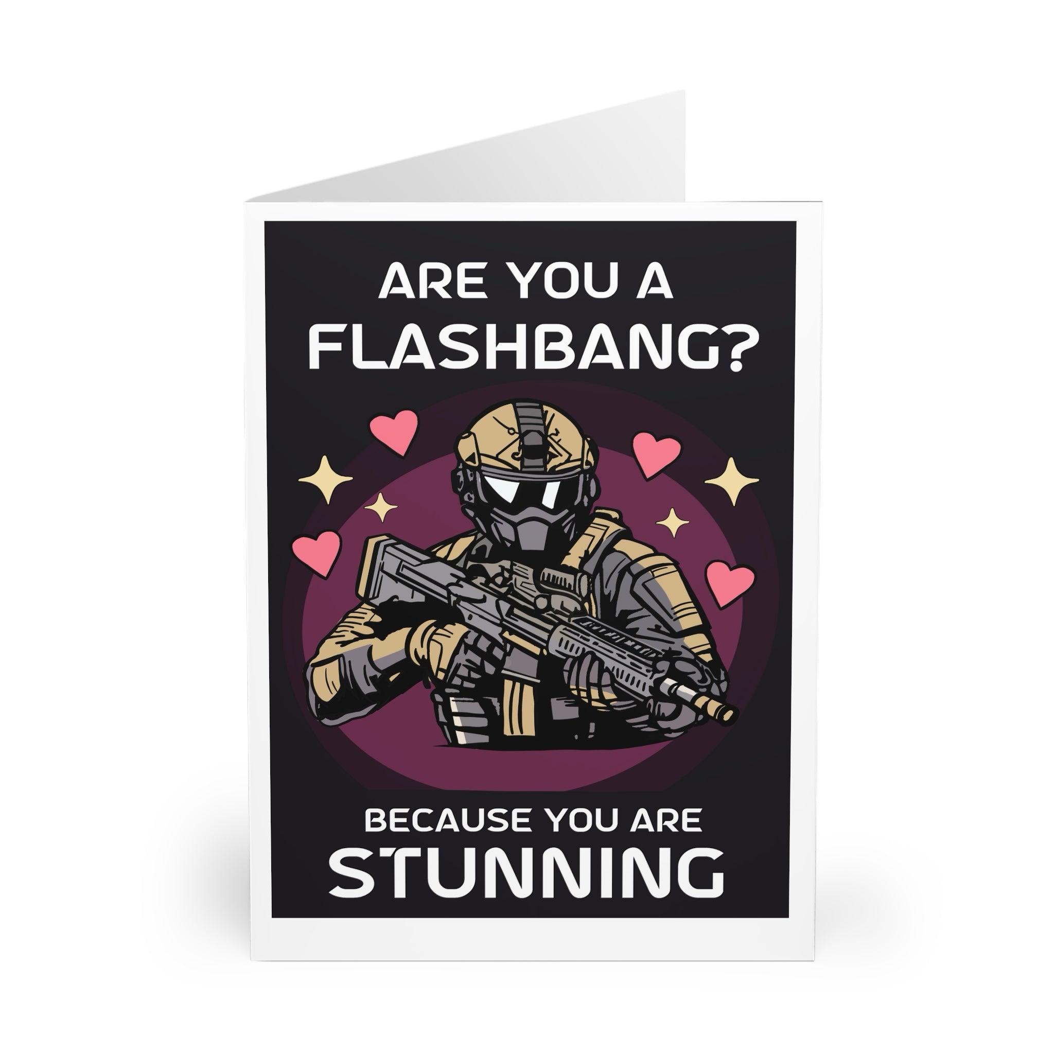 Humorous greeting card featuring a character in tactical gear with the pun 'Are You a Flashbang? Because You Are Stunning.' Ideal for fans of video games or military humor - Baby Keo