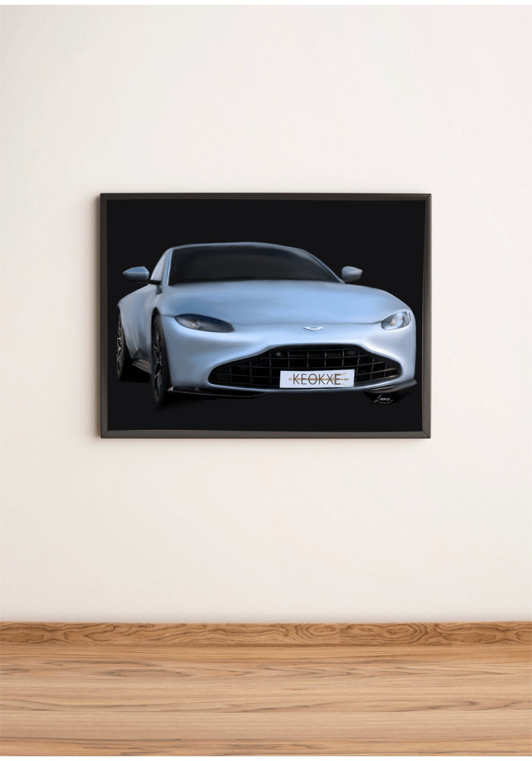 Discover the Enchanting Aston Martin Artwork – a London Car Print that’s sure to captivate any car enthusiast! This stunning piece showcases a sleek silver Aston Martin with an aerodynamic design, beautifully set against a striking black background. The custom license plate, proudly displaying "KEOKE," adds a unique touch. Positioned elegantly on a light wooden floor and backed by a simple white wall, this artwork effortlessly captures the charm of a London shopfront. Perfect for adding that sophisticated f