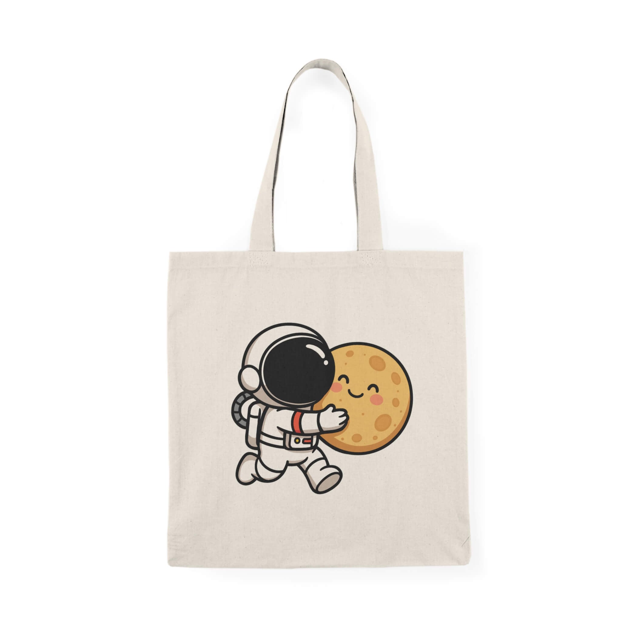 Natural cotton tote bag with a cute cartoon astronaut hugging a smiling moon, held by a hand in a denim jacket.
