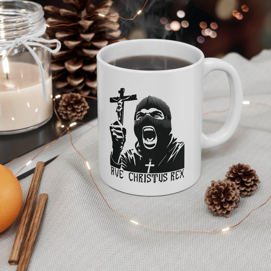 Bold black-and-white mug featuring a dramatic image of Christ with the text 'Ave Christus Rex,' perfect for a statement coffee break