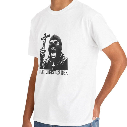 White T-shirt displaying a dramatic black-and-white religious illustration of a figure holding a crucifix, with the text 'Ave Christus Rex.' A bold and striking design for those drawn to faith-inspired artwork