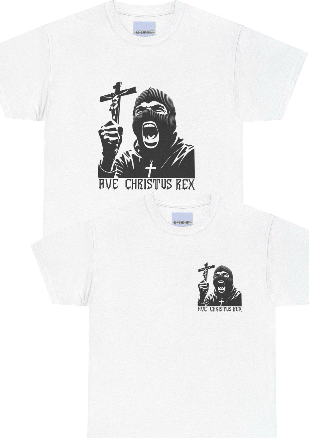 White T-shirt displaying a dramatic black-and-white religious illustration of a figure holding a crucifix, with the text 'Ave Christus Rex.' A bold and striking design for those drawn to faith-inspired artwork