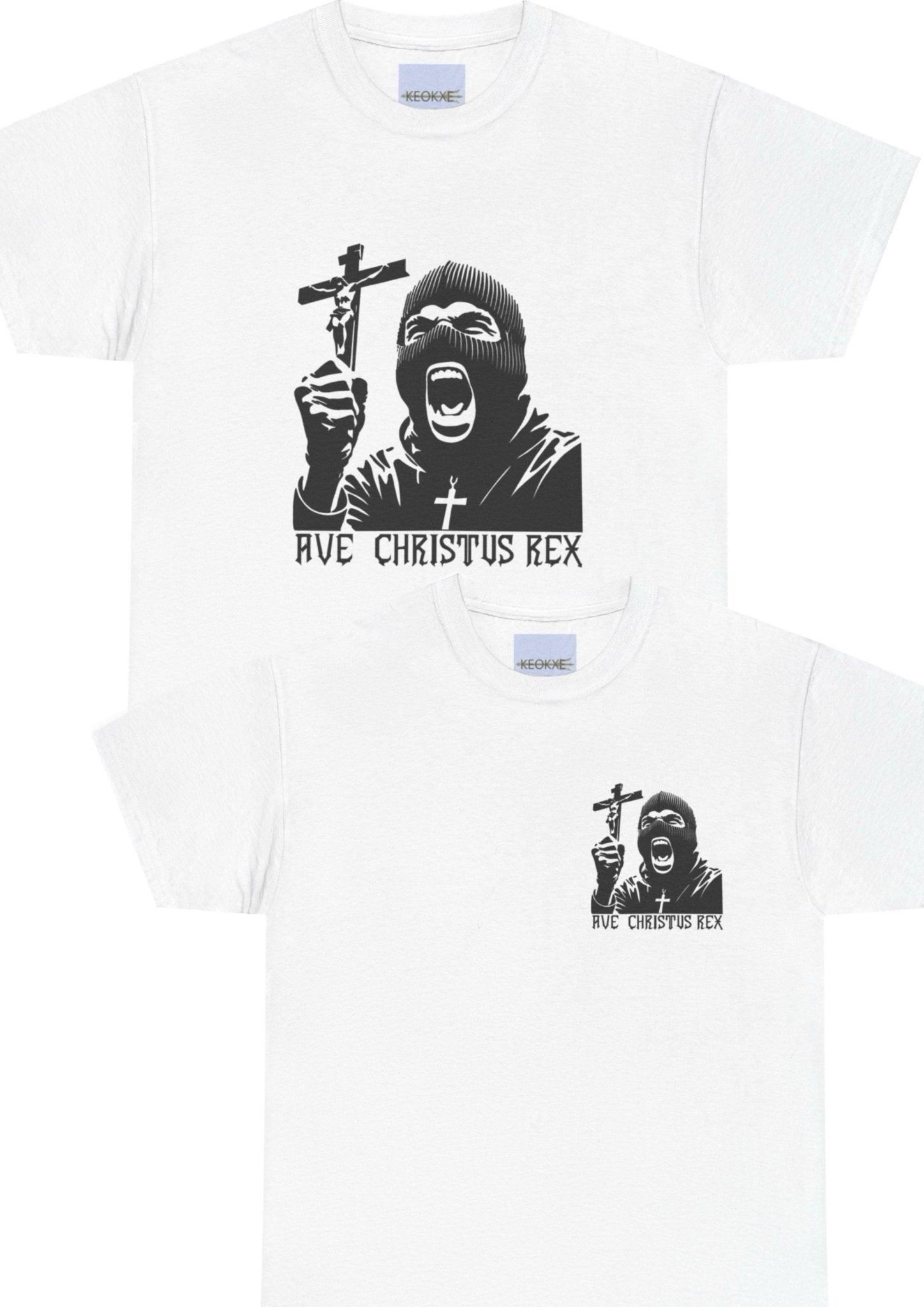 White T-shirt displaying a dramatic black-and-white religious illustration of a figure holding a crucifix, with the text 'Ave Christus Rex.' A bold and striking design for those drawn to faith-inspired artwork