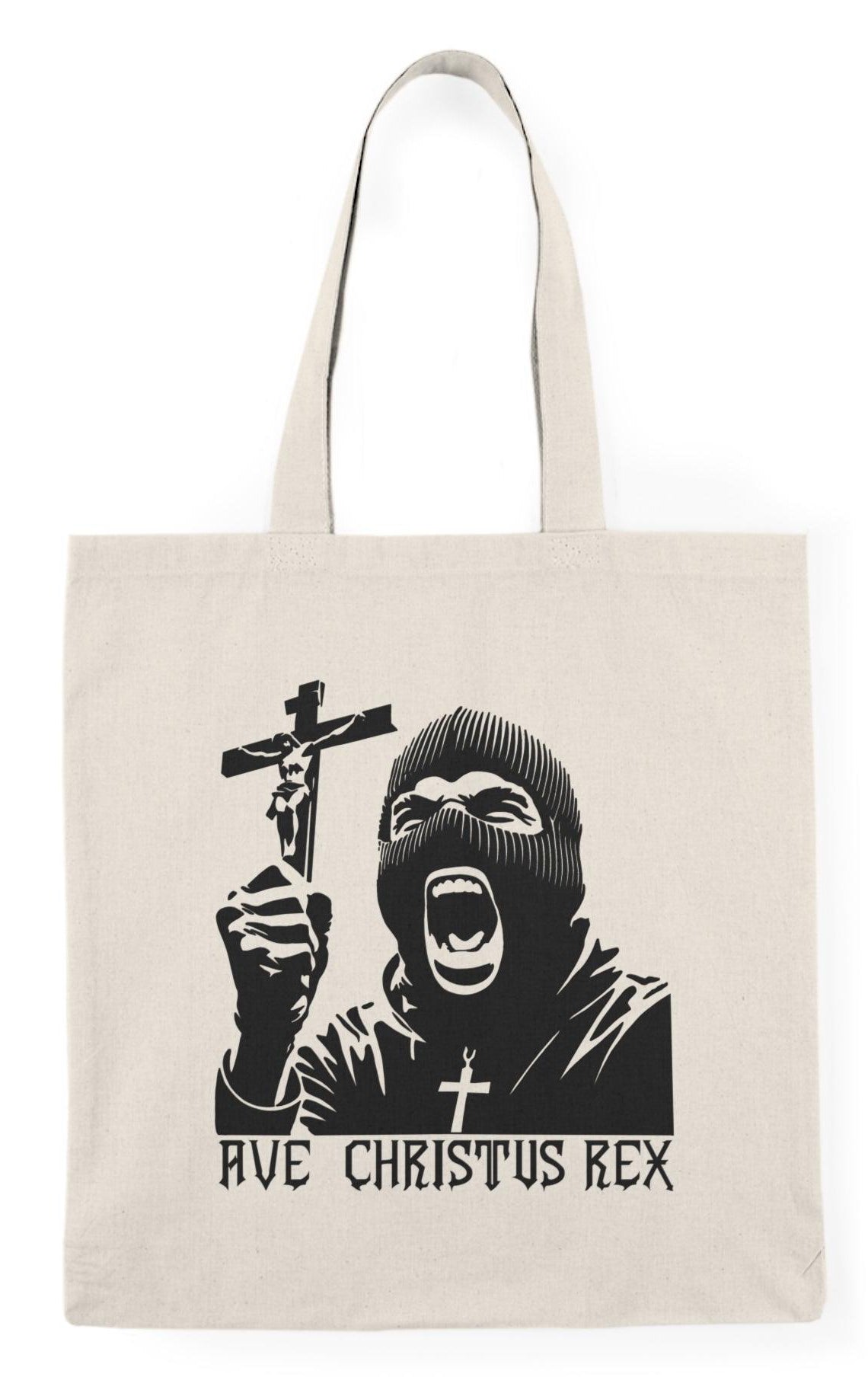 ote bag featuring a striking design with the phrase 'Ave Christus Rex' prominently displayed. The artwork combines bold typography with artistic elements that evoke a sense of faith and reverence, making it a unique accessory for expressing spiritual devotion and style