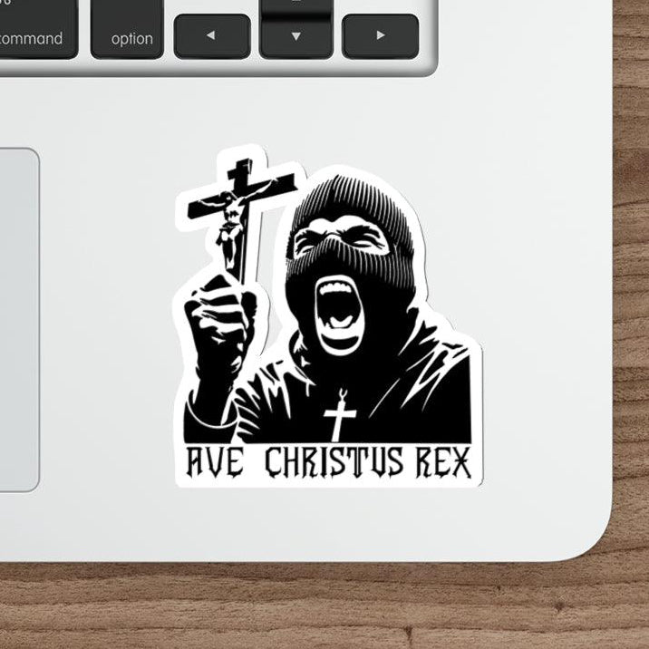 A religious-themed waterproof sticker featuring a figure holding a cross with the phrase 'Ave Christus Rex.' Perfect for those looking to express their faith  KEOLIX