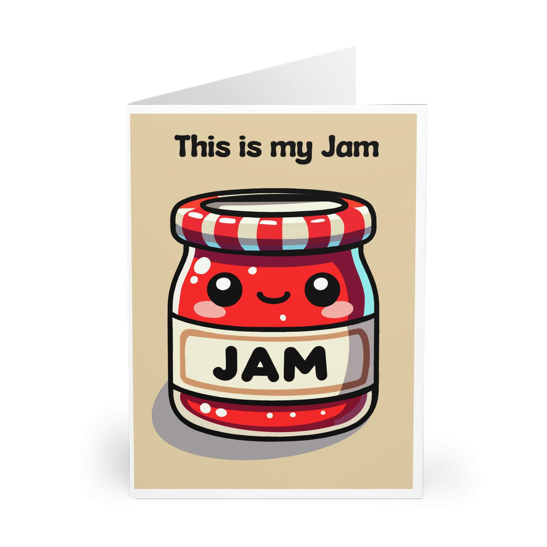 Playful greeting card showing a cheerful red jam jar with 'This is my Jam' label, ideal for showcasing personal tastes and joys.