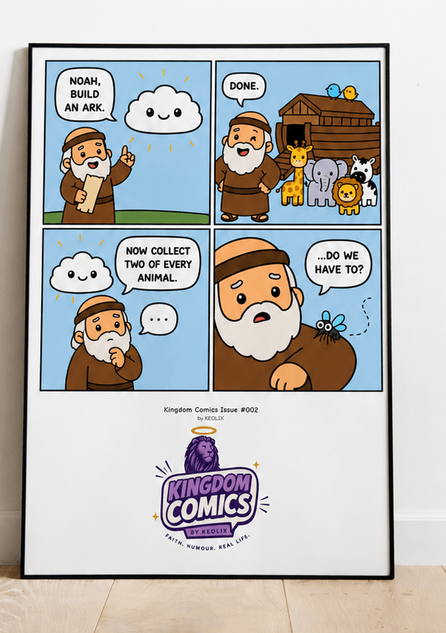 A framed vertical comic art print titled 'The Cartoon Bible' by Funny Comics, leaning against a white wall on a light wood floor.