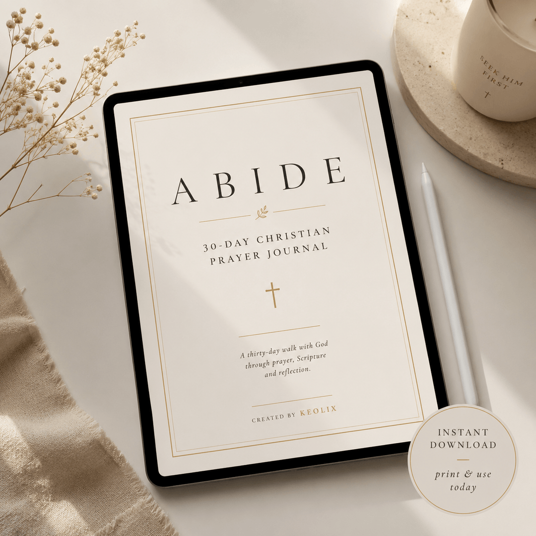 A tablet displaying a 30-day Christian prayer journal cover titled &