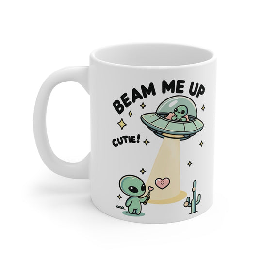 Fun and playful white ceramic mug with alien illustrations and the cheeky text 'Beam Me Up, Cutie!,' giving your morning a cosmic lift